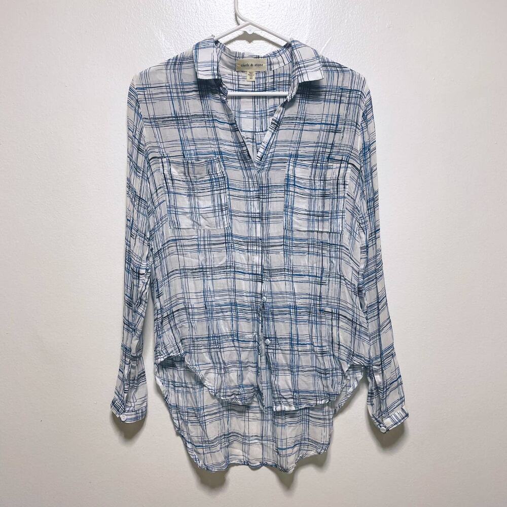Cloth & Stone Black Blue Checkered Button Down Tunic Top